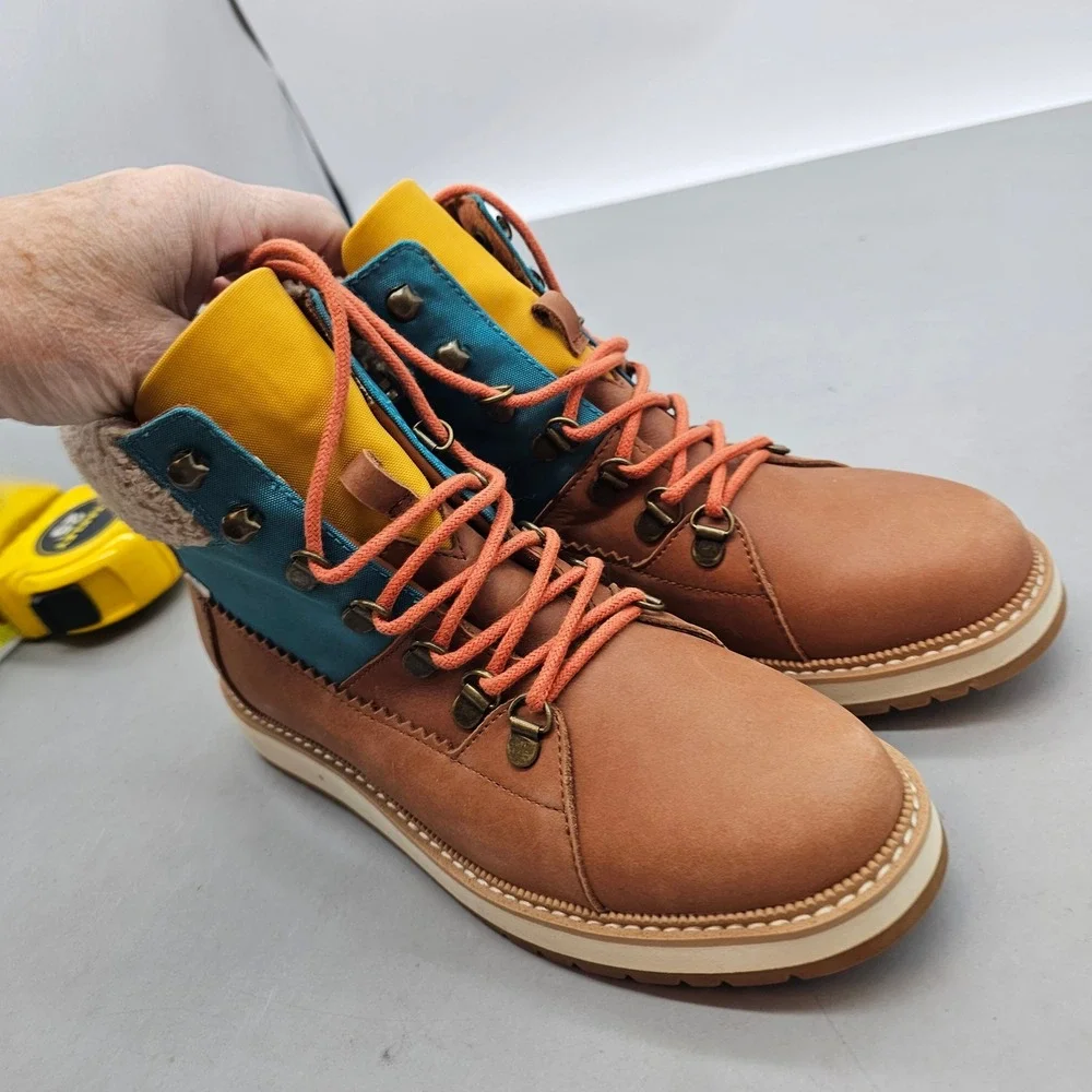 TOMS Mesa Waterproof Colorblock Boot Brown Teal Yellow Faux Shearling 10014157 7